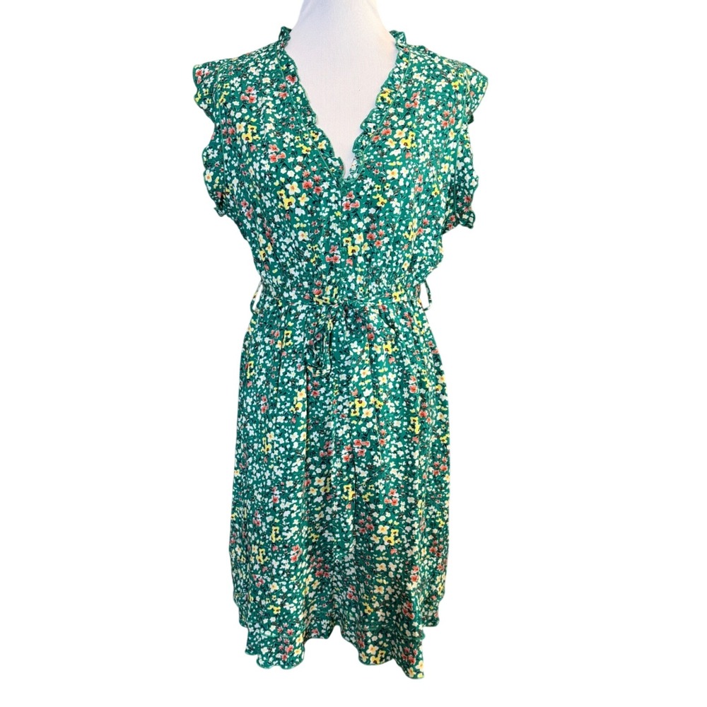 Apricot Floral Dress Women 12 Green Ruffle V-Neck Flutter Sleeve Midi Boho